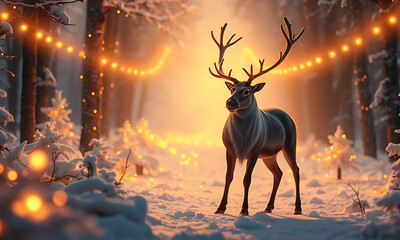 Stag silhouette in winter forest, a classic Christmas vector illustration
