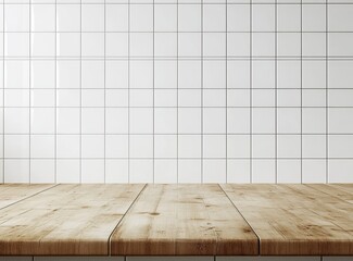 Wooden table against white tiled wall.