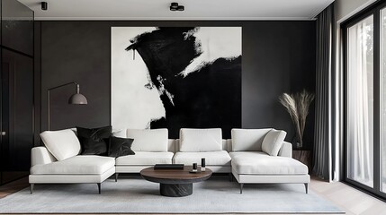 Minimalist modern living room interior design with a black and white palette, featuring a low-profile sectional sofa and a striking monochrome abstract painting.