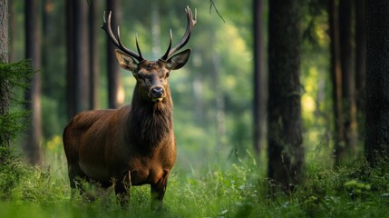 Fototapeta premium A majestic red deer stag with large antlers stands in a lush forest clearing.