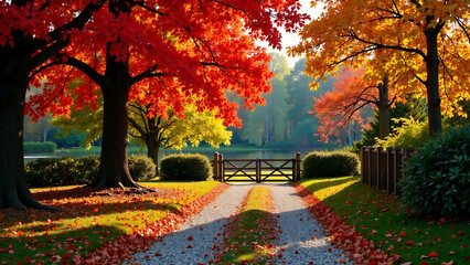 Obraz premium Under colourful autumn trees, a gravel driveway has a picket fence and gate