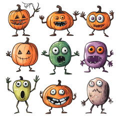 Fototapeta premium Cute Halloween Monster Collection: Spooky Pumpkins and Funny Creatures