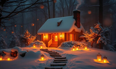 A rustic winter cottage nestled amidst snow-kissed trees under a starlit sky