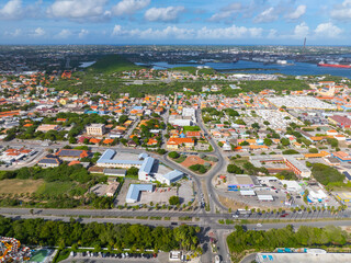 Obraz premium Otrobanda historic center aerial view with Schottegat Bay at the background in city of Willemstad, Curacao. Historic Willemstad is a UNESCO World Heritage Site. 