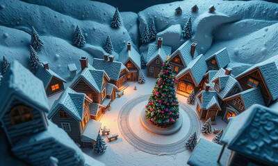 A festive winter scene with a mosaic detail of a Christmas tree, illuminating a snowy street lined with houses