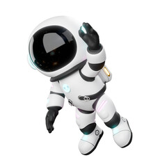 Cute Space Chibi Astronaut 3D Character. A chibi astronaut flies with his left hand waving, greeting expression. Fun Cartoon Style