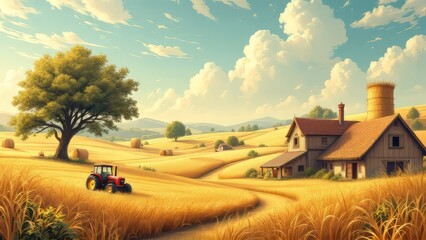 Fototapeta premium Adorable farm pattern. Tractor, hay, and a clean aesthetic. Seamless AI art.