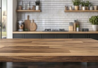 Empty wooden table in blurred modern kitchen. (2)