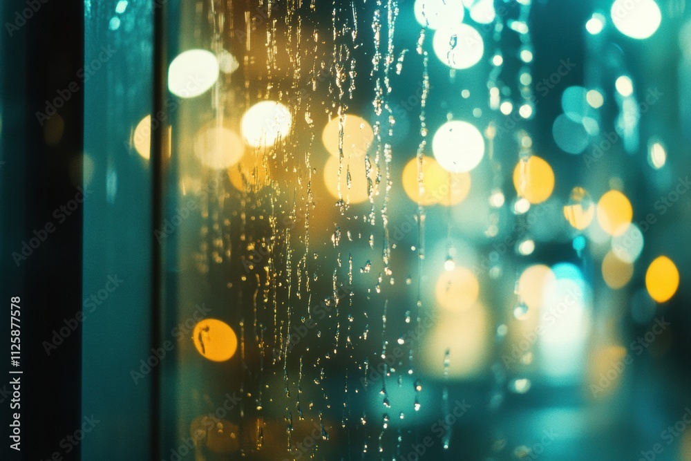 Fototapete raindrops cling to a window as the view reveals an empty street, illuminated by blurred lights, crea