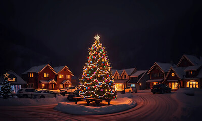 A festive Christmas tree with twinkling lights illuminates the snowy winter landscape