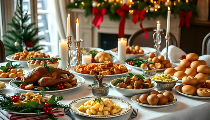 Naklejka premium A lavish Christmas dinner table spread featuring various delicious dishes, including roast meat, potatoes, salads, bread rolls, candles, and evergreen decorations. A lavish Christmas dinner spread, 