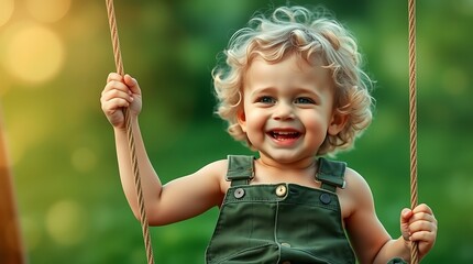 cheerful toddler swinging joyfully on a garden swing, surrounded by greenery. Perfect for stock use in family, childhood, outdoor fun, or lifestyle content promoting joy and playfulness