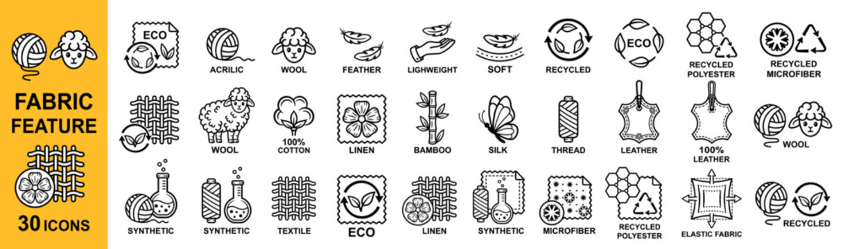Fabric textile feature, clothing sewing material line icon set. Cotton, bamboo, wool, silk, eco linen, synthetic thread, recycled polyester tissue, leather, feather, microfiber. Clothes label. Vector 
