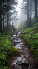Fototapeta premium A misty forest trail with rocky pathways and lush greenery.