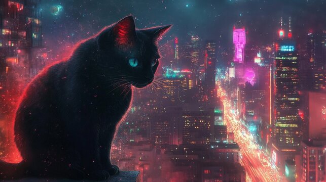 Black cat looking out over neon city, futuristic art