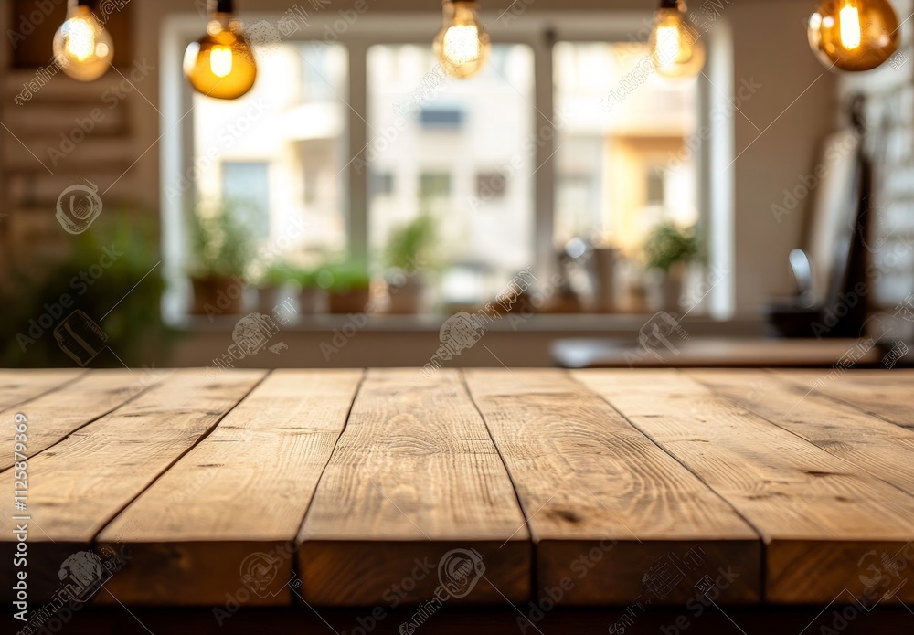 Poster empty wooden table in front of blurred cafe window.