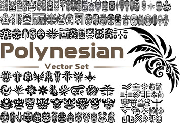 A large collection of Polynesian tribal art elements, including masks, symbols, and patterns, perfect for tattoo designs, graphic design, and cultural projects.