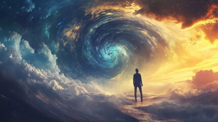 Obraz premium A man standing in front of a swirling portal in the clouds. The swirling clouds represent dreams, aspirations, and the unknown.