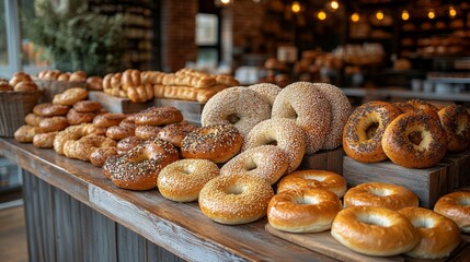 A variety of fresh bagels, including sesame and plain, are beautifully arranged on wooden shelves in a cozy bakery. The warm lighting creates an inviting atmosphere for customers.
