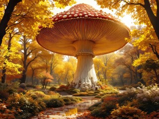 Autumn park's mushroom sculpture, a masterful rule-of-thirds composition.