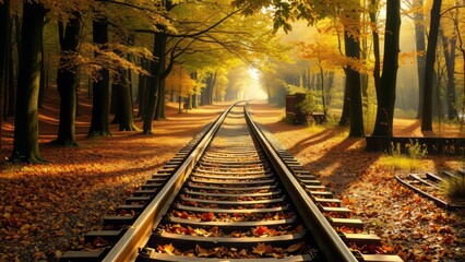 Naklejka premium Autumn's embrace on the railway. Serenity.