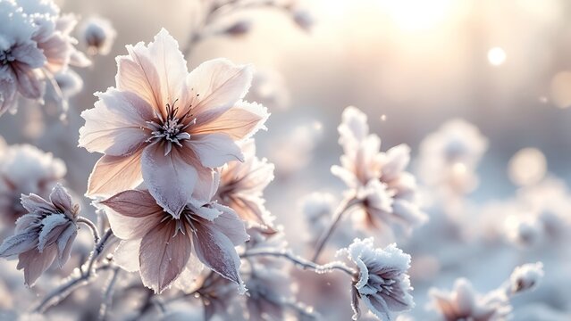 Frozen hydrangea paniculata flowers in cold winter