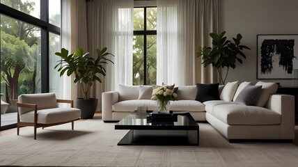  A cozy yet luxurious setup with clean lines, contemporary furniture, natural textures, decorative throw pillows, soft lighting, and a calming atmosphere.