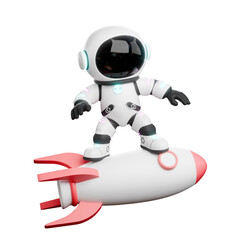 Cute Astronaut Chibi for Space Explorers. A chibi astronaut standing on a rocket ship with both arms outstretched. 3D Cartoon Style