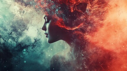 Abstract woman with flowing hair made of colorful smoke.