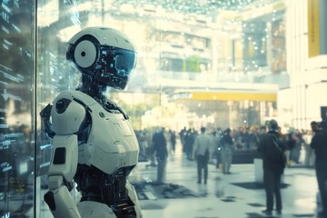 A digital rendering of a futuristic AI robot powered by NVIDIA AI chips, performing complex tasks like problem-solving and interacting with humans in a modern tech environment.