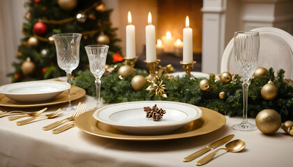 New Year eve 2024, Christmas food menu, holiday breakfast, lunch , dinner table place setting, festive background. A stunning and festive New Year's Eve dinner table set for 2024, showcasing full food