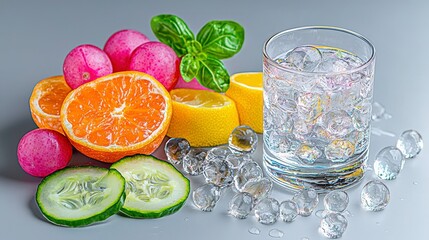 Refreshing Summer Drink with Citrus Fruits   Ice Cubes