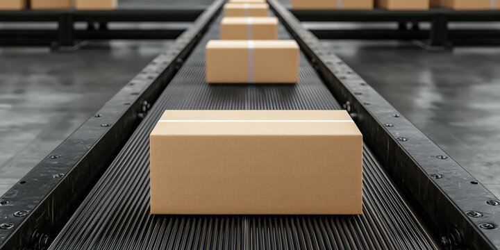efficiency optimization technique concept. Conveyor belt with packages in a warehouse setting.