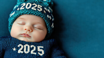 A peaceful newborn baby wearing cozy knitted hat and sweater, celebrating 2025