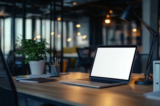 Laptop with blank screen on modern office desk at night.