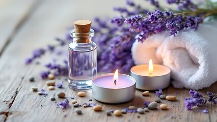 Obraz na płótnie Canvas Spa still life with lavender oil, white towel and perfumed candle on natural wood