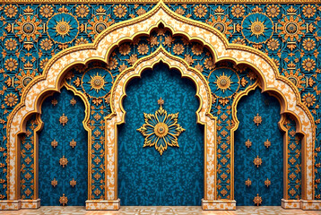 Invitation design featuring middle eastern seamless pattern and Mughal arch with peacock illustration