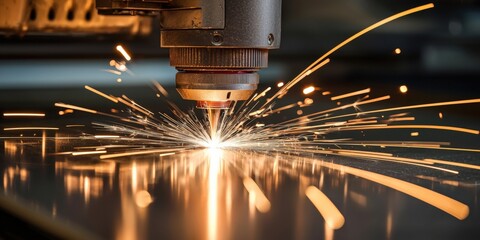 efficiency optimization technique concept. Laser cutting metal with sparks flying in a workshop setting.