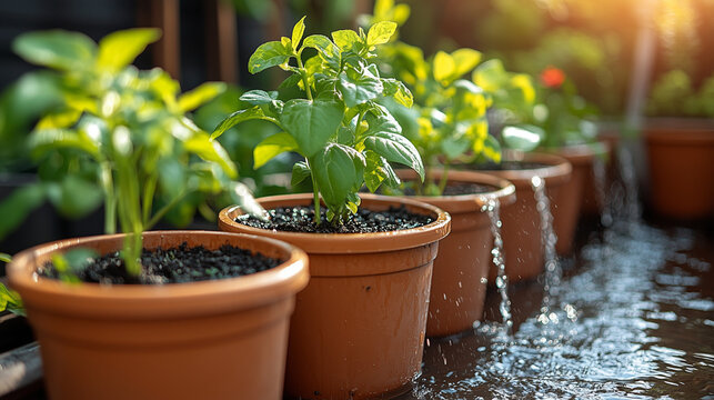 Overwatering: Terracotta Pots Overflowing with Lush Greenery