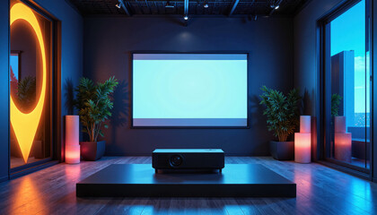 Modern media room with projector and neon lighting