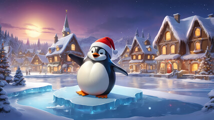 A cute cartoon penguin in a red hat enjoys the winter wonderland with snowmen, snowflakes, and a Christmas tree