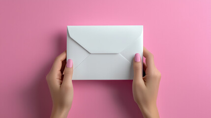 A person holding white envelope against pink background, conveying anticipation and excitement