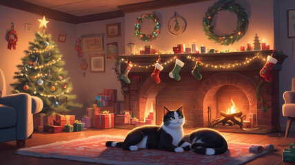 A cozy winter night at home with a warm fireplace, a decorated Christmas tree, and a curious cat
