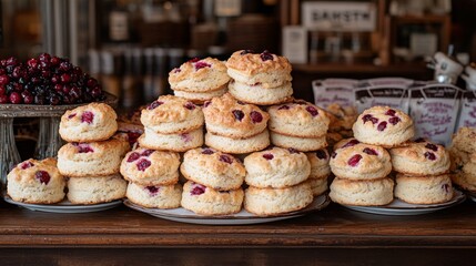 A delightful array of freshly baked scones sits on a wooden counter in a cozy bakery. The warm aroma fills the air, inviting customers to enjoy a treat.
