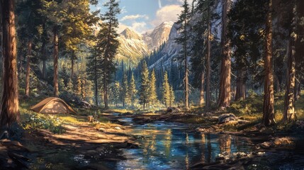 Obraz premium Serene mountain campsite by a stream. (1)