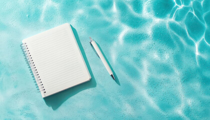 A blank notebook and pen resting on turquoise pool surface, inviting creativity and reflection