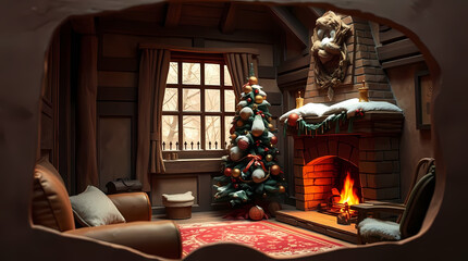 A cozy living room with a decorated fireplace, Christmas tree, and warm winter light