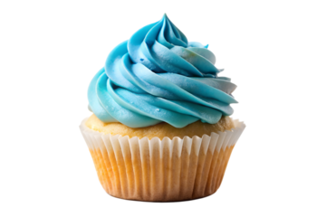 cupcake with ombré frosting in shades of blue cut out isolated on white background