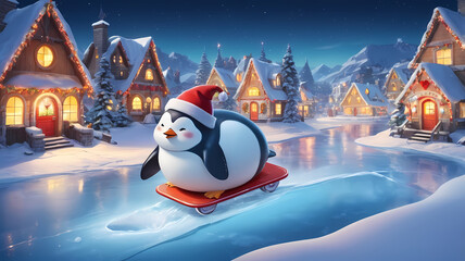 Cartoon snowman and penguin friends celebrate Christmas in a snowy winter landscape