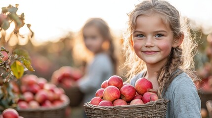Cheerful young girl holding a basket of freshly picked apples in an orchard, bathed in golden sunset light